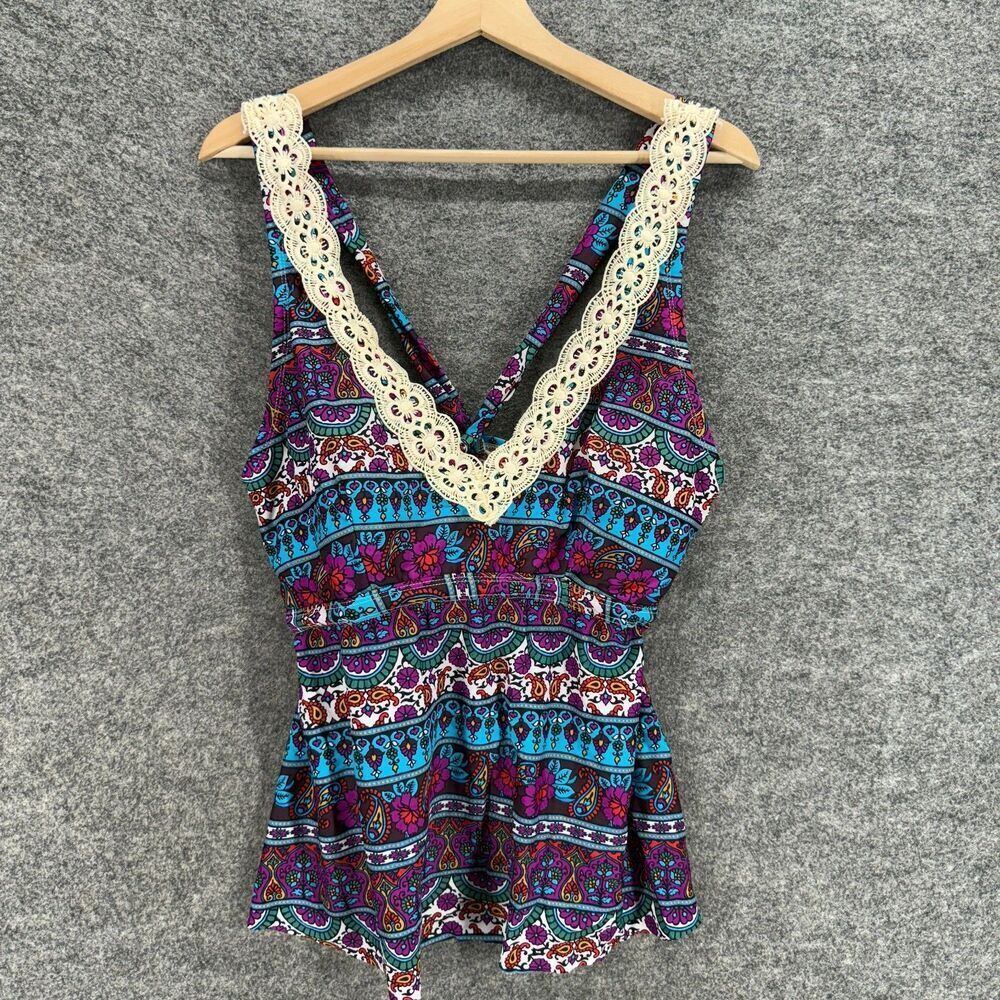 Sunshine Tankini Top Women 20/22 Plus Blue Striped V-Neck Push Up Sleeveless